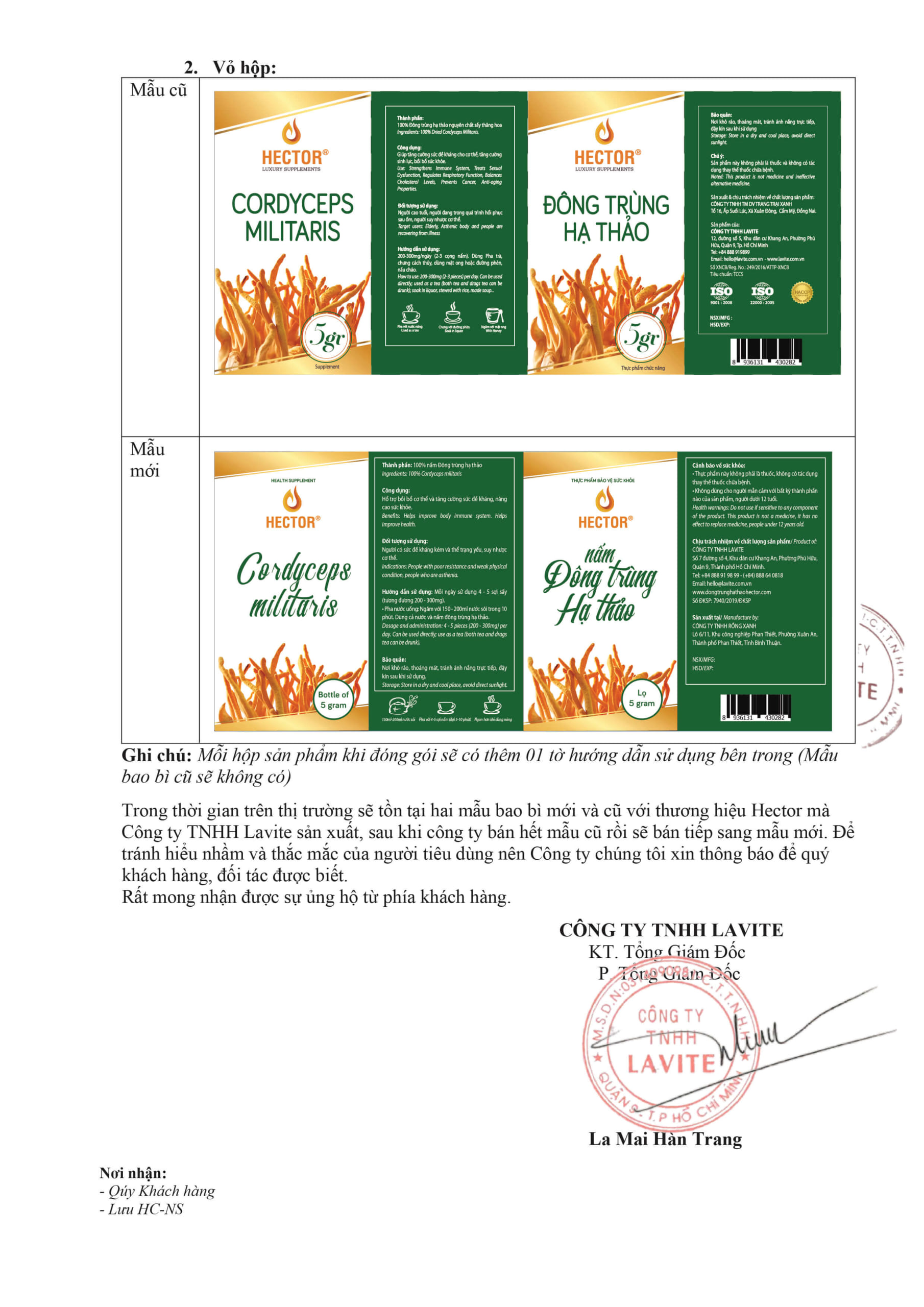 THÔNG BÁO THAY ĐỔI NỘI DUNG BAO BÌ SẢN PHẨM